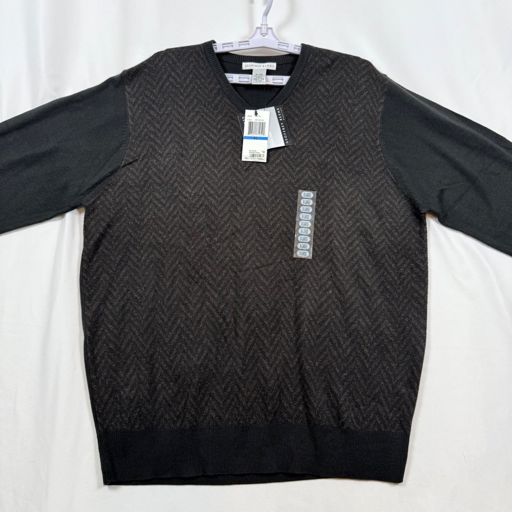 Geoffrey Beene Mens V Neck Sweater XL Black Herringbone Knit Pullover NWT - Picture 1 of 9